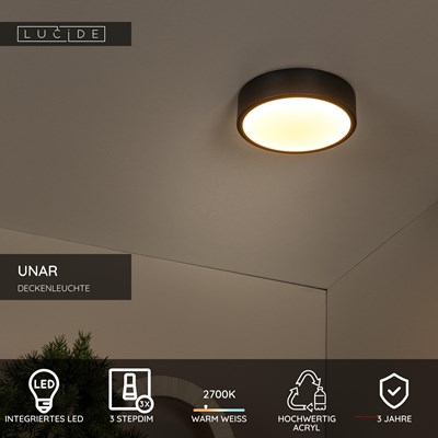 Lucide UNAR - Deckenleuchte - Ø 20 cm - LED 3 StepDim - 1x12W 2700K - Schwarz